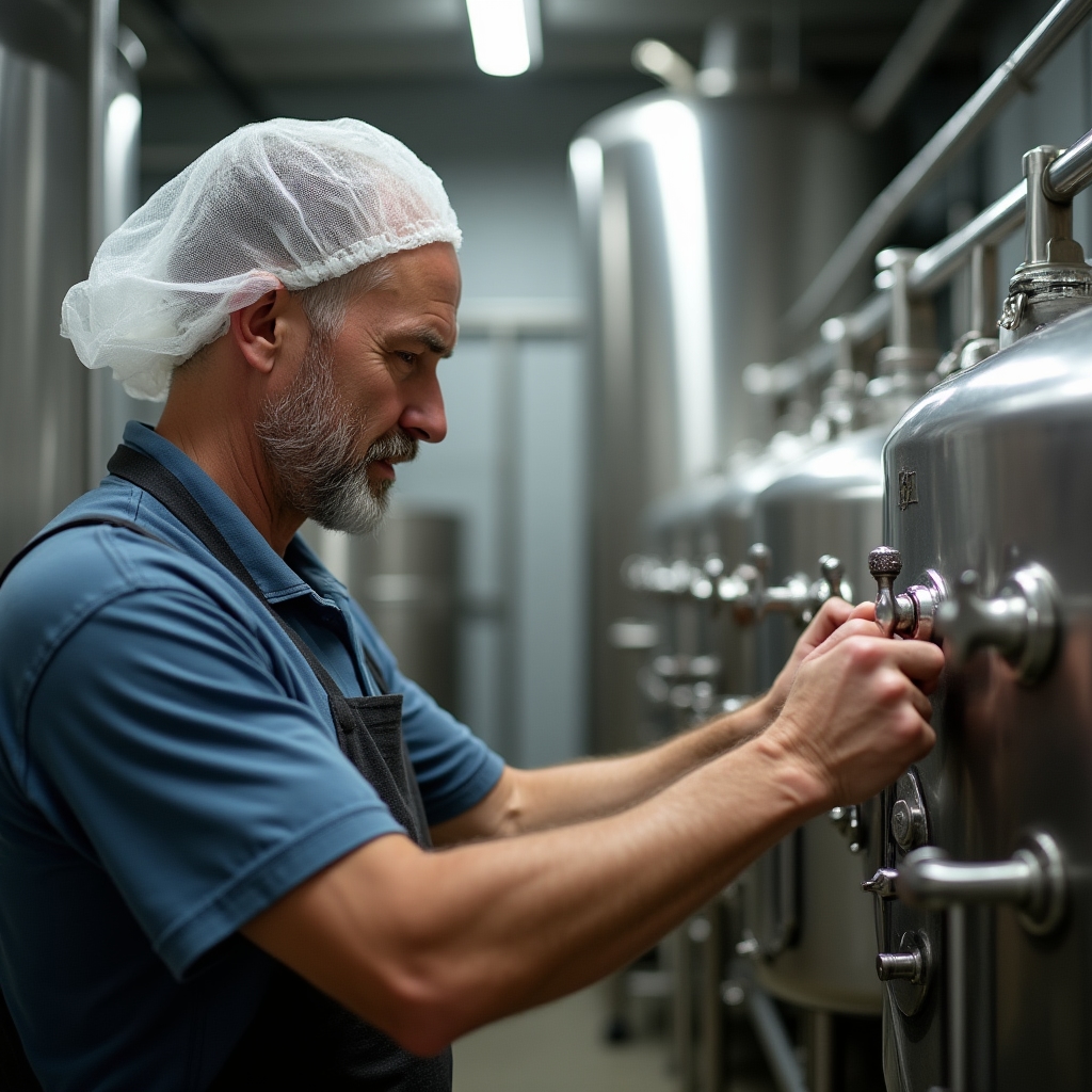 Small-scale dairy worker managing whey byproduct reuse equipment inside a rural processing room
