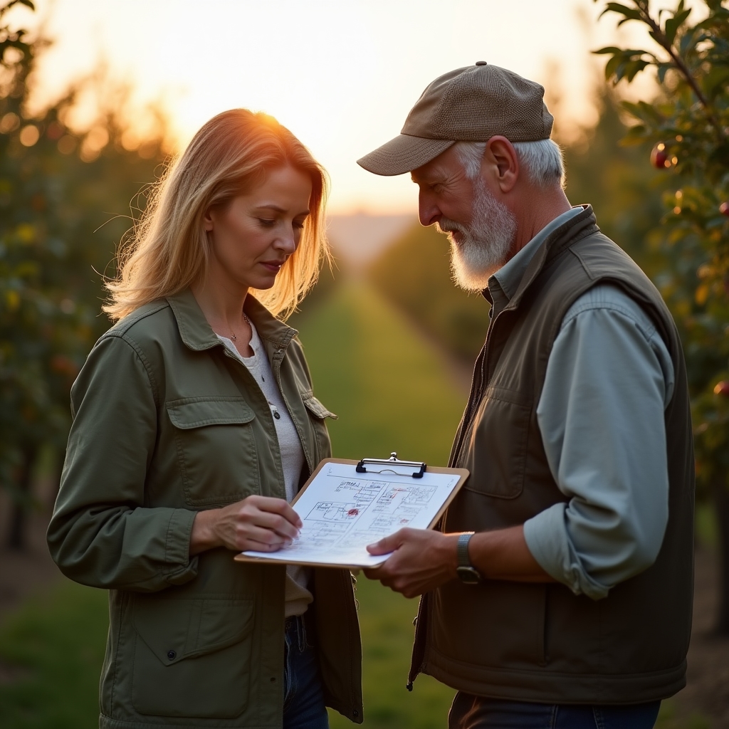 Consultant and orchard producer reviewing a waste reduction plan between rows of fruit trees