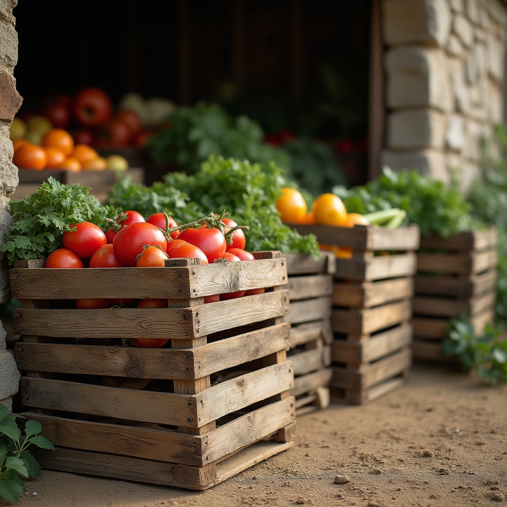 Stacks of reused wooden produce crates arranged outside a rural farm storage building