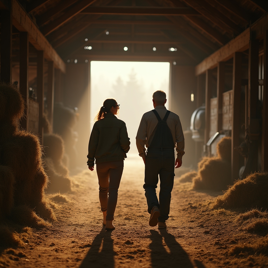 Consultant and rural business owner walking through a barn discussing resource flows during a site visit
