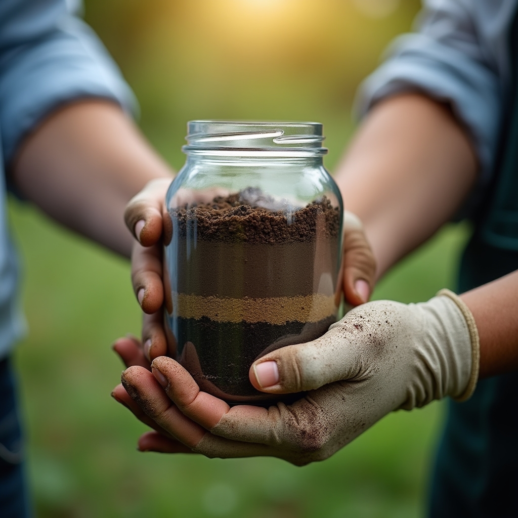 Close-up of hands examining a soil sample jar during a farm resource assessment