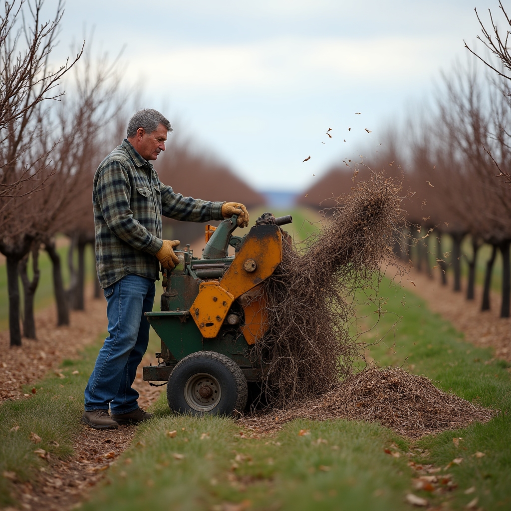 Vineyard worker feeding pruned vine cuttings into a mobile chipper to produce mulch